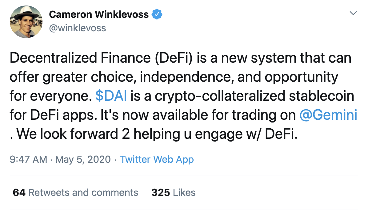 Cameron Winklevoss is a Twitter influencer and co-founder of Gemini, a US-based crypto exchange. 