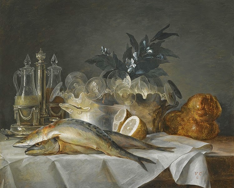 Anne Vallayer-Coster - A still life of mackerel, glassware, a loaf of bread and lemons on a table with a white cloth, 1787