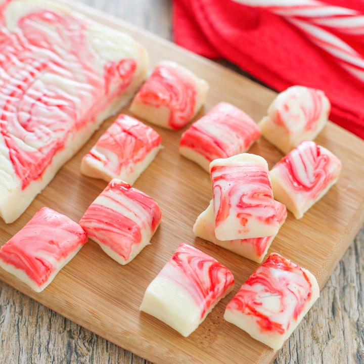 photo of pieces of Peppermint Candy Cane Fudge