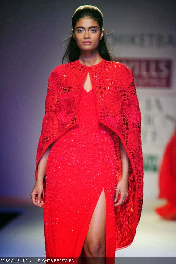 Archana flaunts a creation by fashion designer Nachiket Barve on Day 1 of Wills Lifestyle India Fashion Week (WIFW) Spring/Summer 2014, held in Delhi.