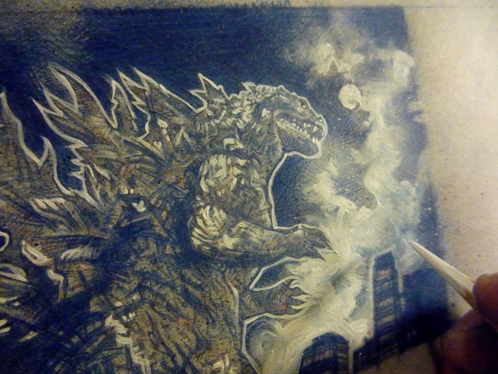 Godzilla sketch card, work in progress, © 2013 Jeff Lafferty