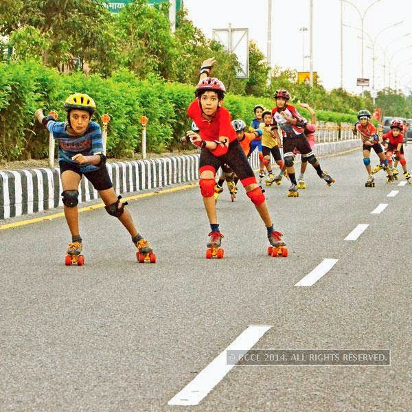 Young skaters from the Roller Skating Academy, practice in Noida. 