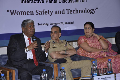 Vijay Kalantri makes his point while Smriti Irani looks on at 'Cyber Safety Week' panel discussion, held in Mumbai on January 29, 2013. (Pic: Viral Bhayani)
