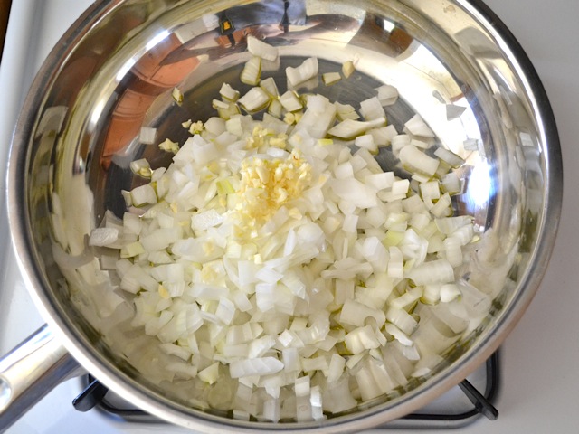 onion and garlic in pan 