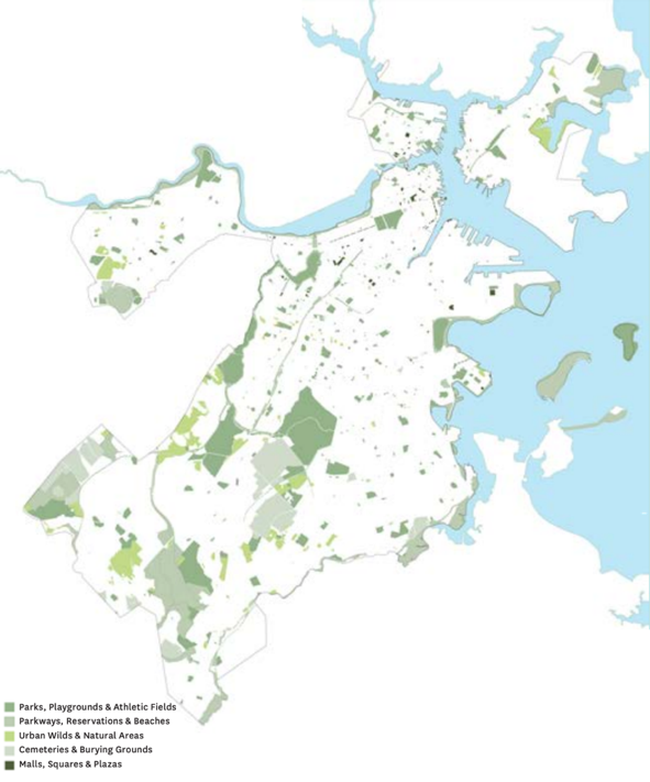 Map of Boston showing the location of parks, parkways, Urban Wilds, Cemeteries, and Malls.