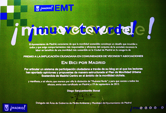 enbicipormadrid ganador de uno de los premios 'Muévete Verde 2013'