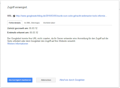 Webmaster Tools Crawling-Fehler März 2012