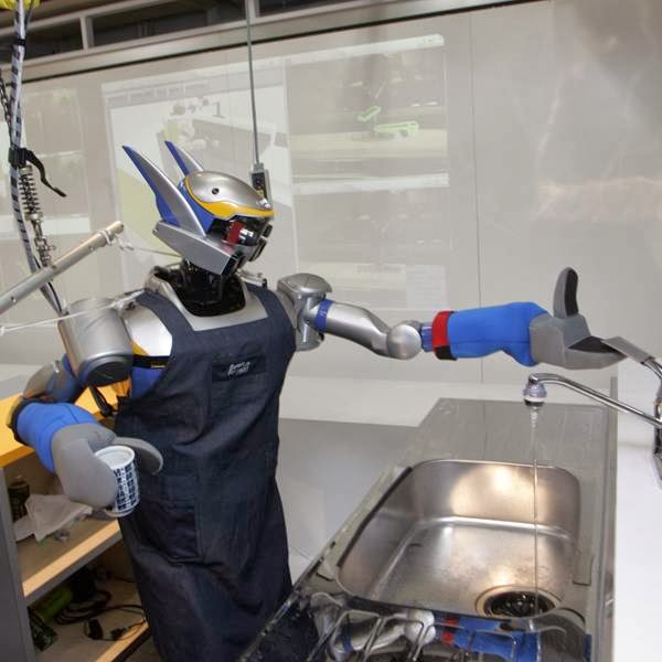 A Japanese university has developed two humanoid bartender and waiter robots that can also wash dishes -- sort of. The two robots, named HRP-2 NO.7 and NO.8, work as a pair to serve drinks and then collect the empty glasses. They are also designed to open a faucet and place objects beneath it.