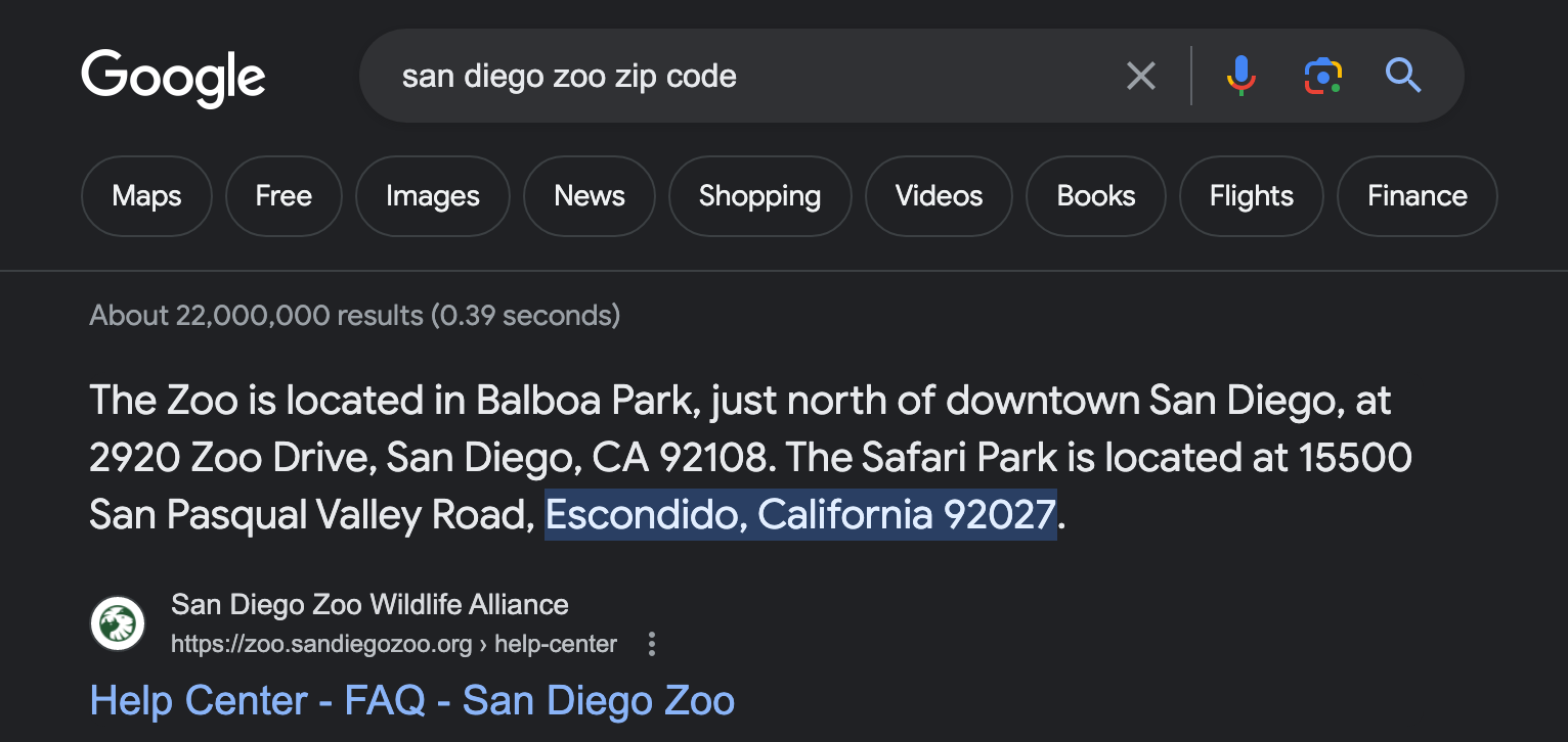 White oak security’s Google search screenshot of the San Diego zoo zip code for the gralhix challenge 005 