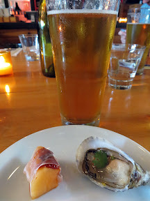 Starter of Shigoku oysters, tomato, fish sauce, lime, cilantro, and Cantaloupe, benton's ham, kimchi puree, shiso paired with Newport Summer Ale, Smallwares PDX, Breakside Brewery, Smallwares and Breakside Beer Dinner