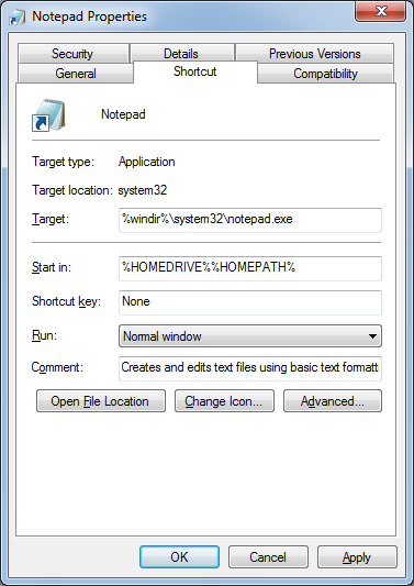 Notepad application properties