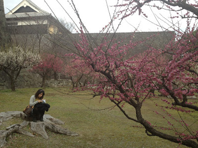 Katie writing on a tree stump with pink ume in the foreground