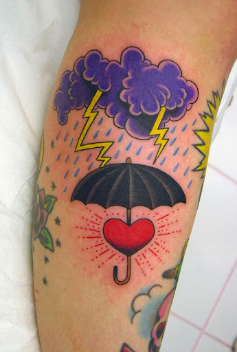 purple cloud color tattoo with umbrella