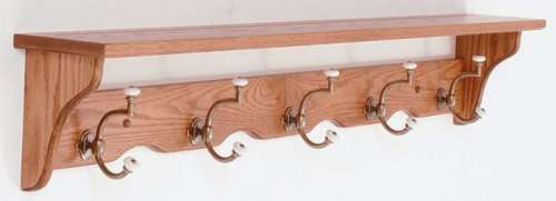 Oak Amish Wall Mounted Coat Rack Shelf 5 Hook (Choose Your Custom Stain Option)
