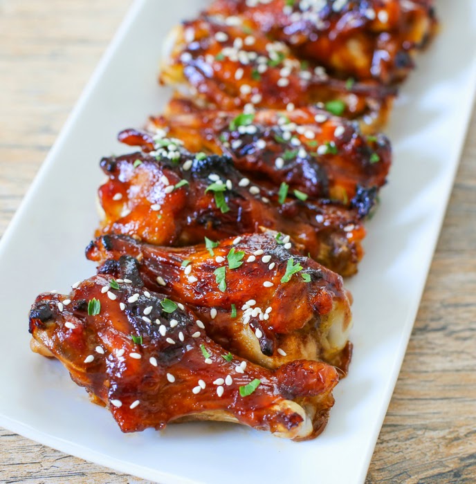 close-up photo of Chinese Sticky Wings lined up on a platter