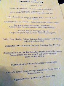 Menu for the Portland Food Adventures February 5, 2015 featuring Chef Ben Bettinger and Kevin Ludwig at Simpatica Dining Hall