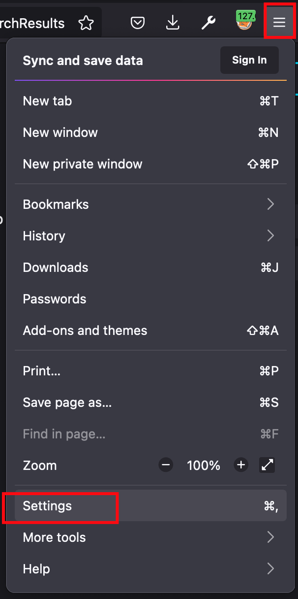Firefox main menu with the Settings item highlighted.
