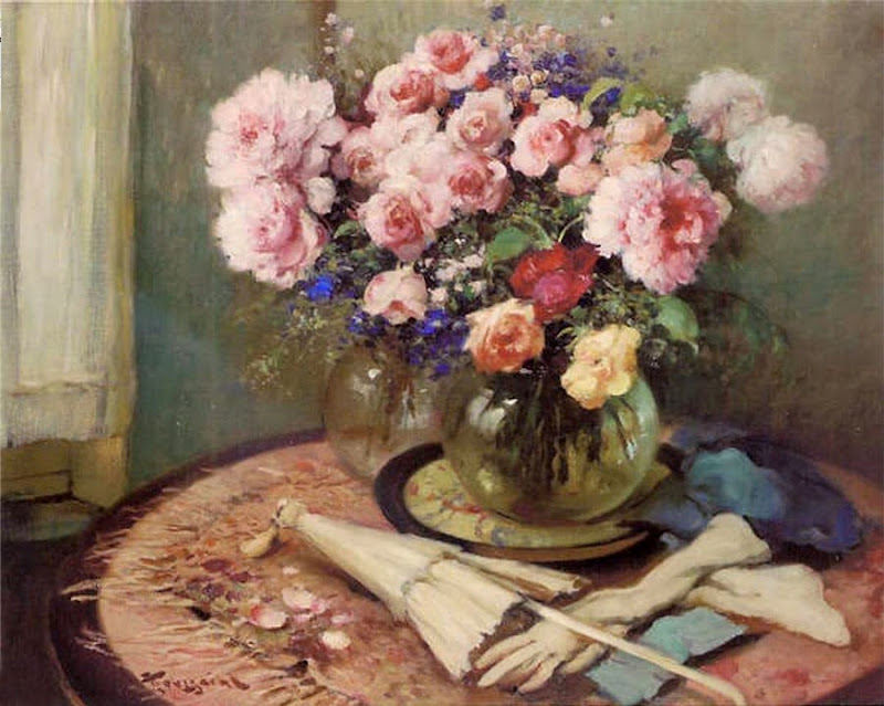 Fernand Toussaint - Flower arrangements with umbrella and fan