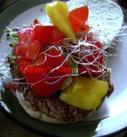 Harmony Valley Burger Mix--topped with vegetables