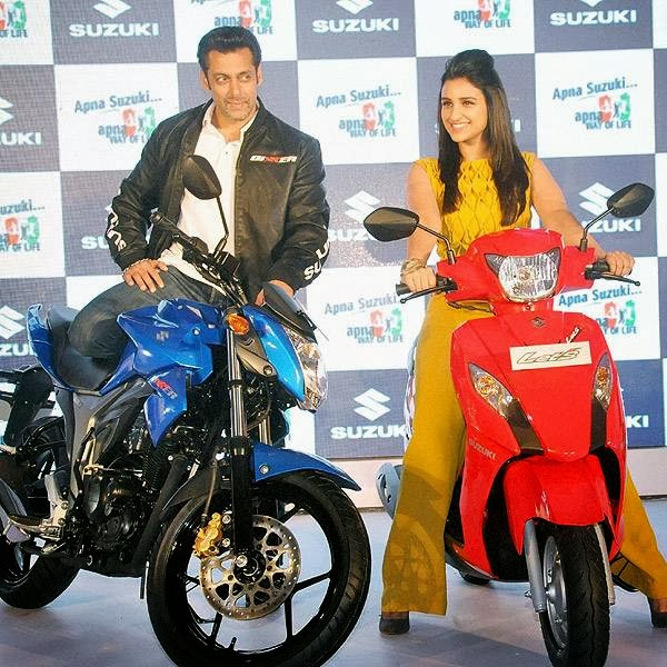 Salman Khan and Parineeti Chopra at the launch of Suzuki's Gixxer and Let's motorcycles, held in Mumbai, on January 27, 2014. 