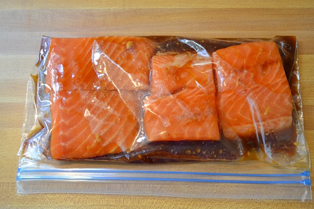 Salmon pieces and marinade placed in ziplock bag 