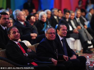 President Pranab Mukherjee with Vineet Jain, Times Group MD, during the Times of India Social Impact Awards, held in Delhi. 