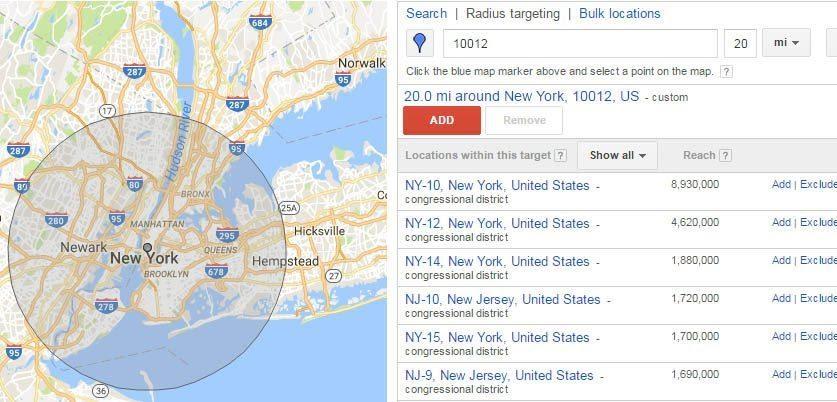 Google AdWords radius targeting