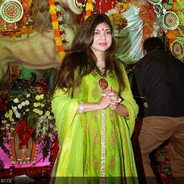 Alka Yagnik looks stunning in green during North Bengal Sarbajanin Durga Puja celebrations, held at Tulip Star, in Mumbai, on October 11, 2013.