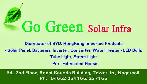 GO GREEN SOLAR INFRA, 54,2nd Floor,Annai Sounds Building,, Tower Junction,Nagercoil, Nagercoil, Tamil Nadu 629001, India, Solar_Energy_Equipment_Supplier, state TN