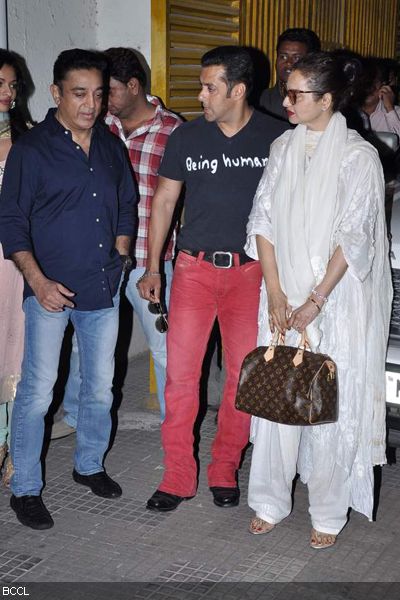 (L-R) Kamal Haasan, Salman Khan and Rekha seen at the special screening of the movie 'Vishwaroop', held at Ketnav in Mumbai on February 1, 2013. (Pic: Viral Bhayani)