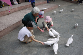 two children and an older woman feeding pigeons