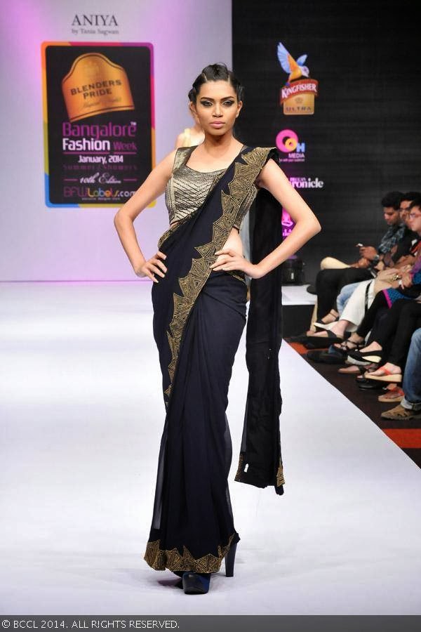 A model walks the ramp in a creation by designer Tanya Sagwan during Blenders Pride Bangalore Fashion Week.