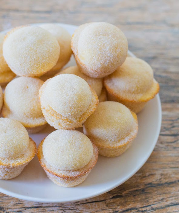 overhead photo of a plate of Sugar Donut Muffins