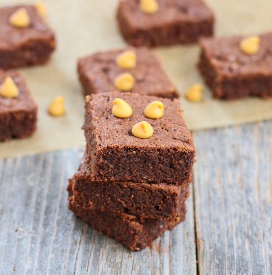 photo of a stack of three peanut butter brownies