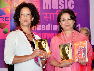 Actress Sharmila Tagore with writer Aminatta Forna releasing Prabha Khaitan's autobiography 'Anya Se Ananaya' during the Jaipur Literature Festival in Jaipur.