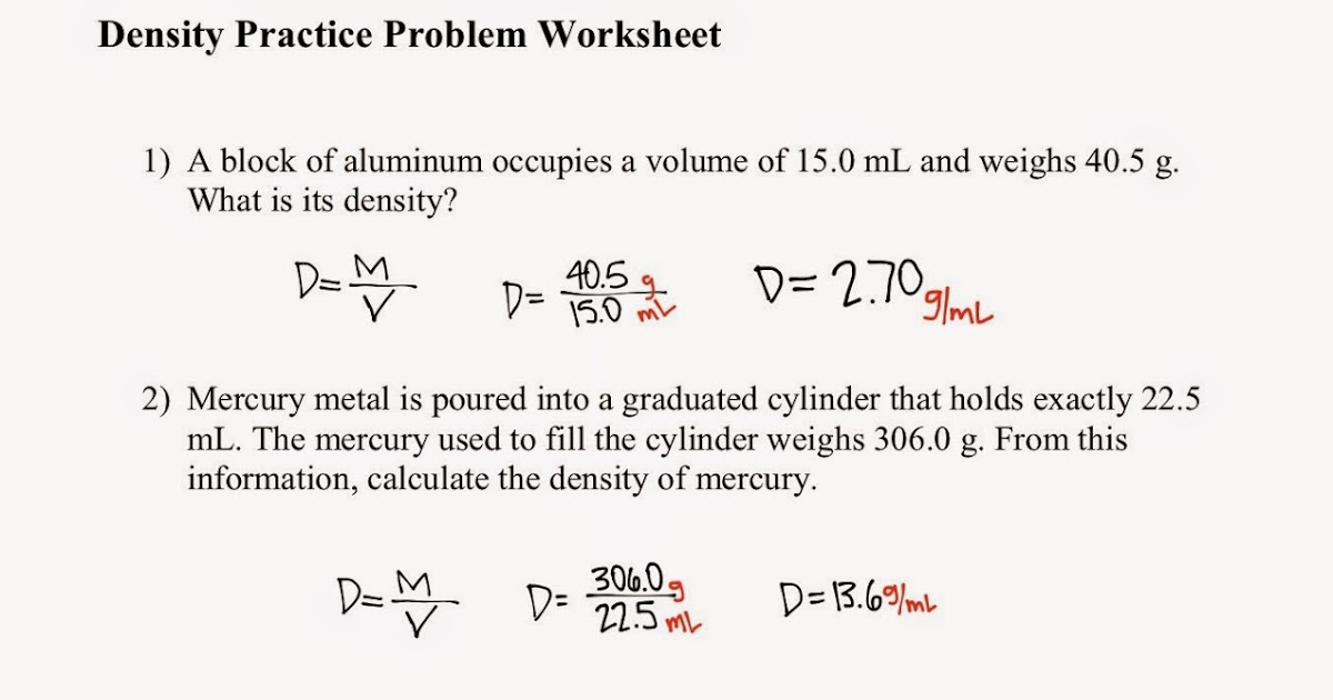 Density Practice Problems Worksheet