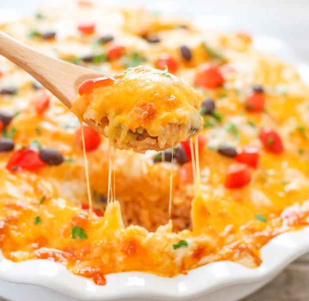 close-up photo of a spoonful of Enchilada Rice Casserole