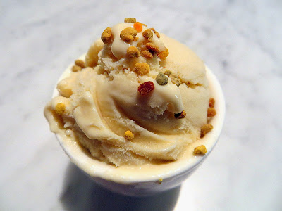 Fifty Licks, ice cream samples for our group in little sake cup tasters, this one is Jasmine Tea with Apricot with bee pollen topping