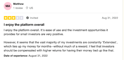 A Groundfloor review from a user who claims their return was extended so it took longer to get money back. 