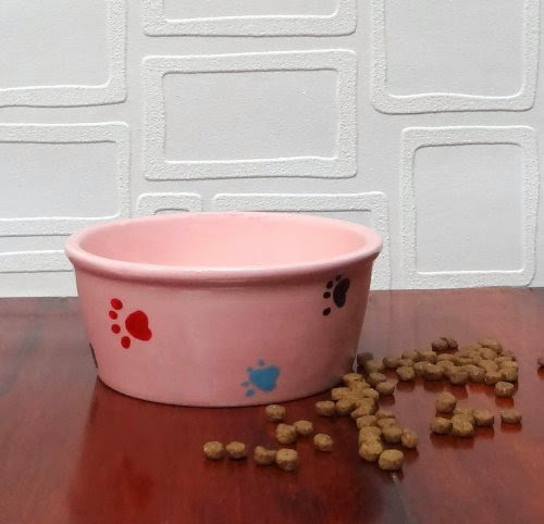  PETS BOWL CERAMIC MULTICOLOR PAWS CAT FEEDER PINK BOWL, 80554 BY ACK