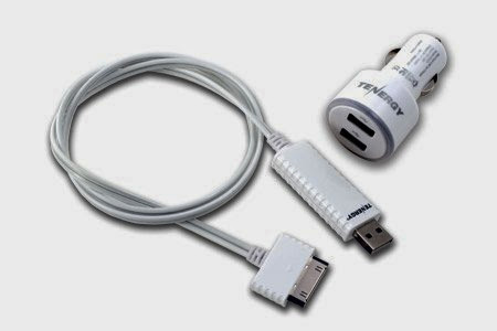 Combo: Tenergy TN323 Dual USB Car Charger + Tenergy Visible Smart Charge & Sync Cable for iPhone, iPod touch & iPad (#51019)