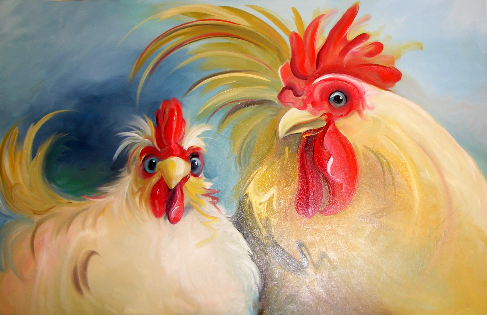 Amy Hautman Paintings: "We're Golden", Chicken Pair, Oil Painting