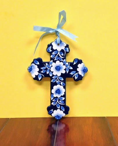  Precious Home Collection,White/Blue Flower Decoration Wall Cross 9-1/4