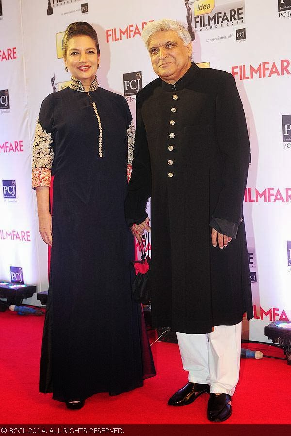 The lovely couple Javed Akhtar and Shabana Azmi pose for the cameras at the 59th Idea Filmfare Awards 2013, held at the Yash Raj Studios in Mumbai, on January 24, 2014.