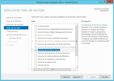 Instalar rol Servicios de Escritorio Remoto y RemoteApp en W2012