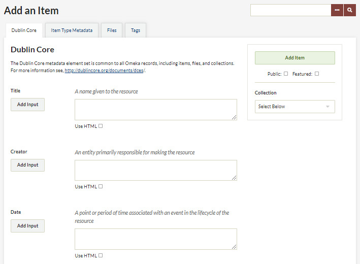 Omeka screenshot: Add an Item, Dublin Core metadata