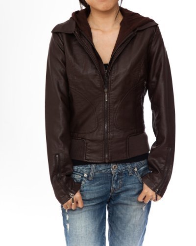 Ladies Brown Synthetic Leather Detatchable Zipper Hoody Lining