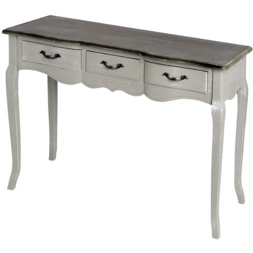 SHABBY CHIC ANTIQUED FRENCH GREY 3-DRAWER CONSOLE TABLE / SOFA TABLE / DRESSING TABLE (MATCHING STOOL & MIRROR AVAILABLE) ** FULL RANGE OF MATCHING FURNITURE IS AVAILABLE FOR BEDROOM, LIVING ROOM, KITCHEN, DINING ROOM, BATHROOM & HALL - OVER 60 ITEMS **