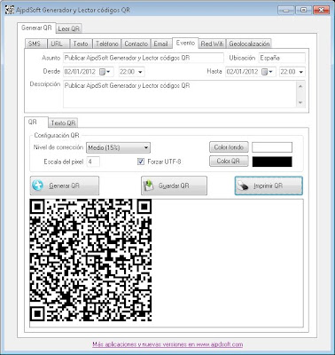 AjpdSoft Generador y lector códigos QR en funcionamiento