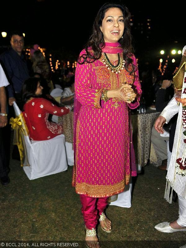 Juhi Chawla dressed in lovely pink suit at Raageshwari Loomba and Sudhanshu Swaroop's wedding, held in Mumbai, on January 27, 2014.